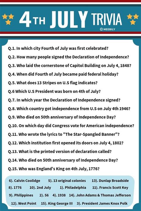 This printable fourth of july trivia is not only fun for history buffs but makes a great game for patriotic parties. 100+ Fourth of July Trivia Questions & Answers - Meebily