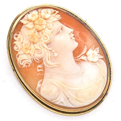 Antique 14k Yellow Gold Oval Cameo Brooch Pin Pendant Blue Ribbon