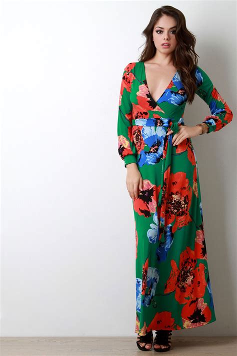 Floral Print Surplice Long Sleeve Maxi Dress Urbanog Maxi Dress