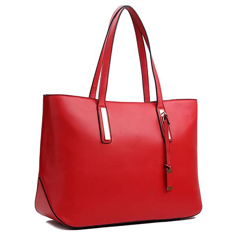 L1435 Miss Lulu Leather Look Large Shoulder Tote Bag Red