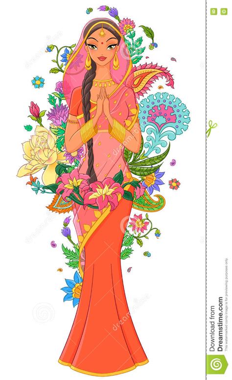 Indisches Mädchen Im Sari Umgeben Mit Blumen Und Verzierungen Vektorabbildung Getrennt Auf