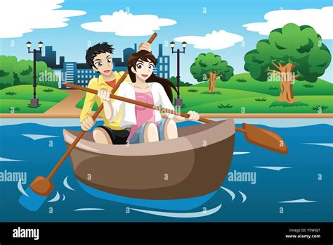 A Vector Illustration Of Happy Couple Rowing A Boat On Lake Stock