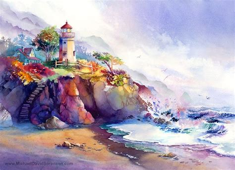 Coastal Colors Lighthouse Watercolor Painting Print. Colorful