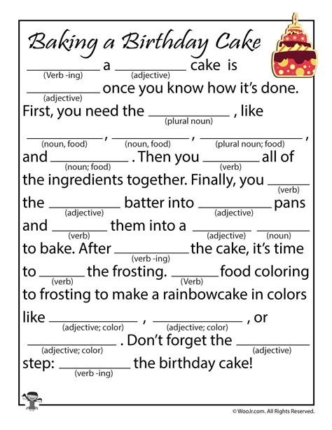 He ______(verb, past tense) ______(adverb). Birthday Cake Mad Libs Printable | Woo! Jr. Kids Activities