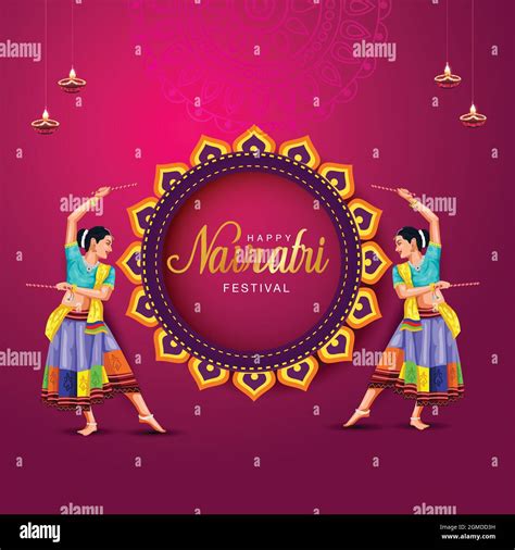 Garba Night Poster For Navratri Dussehra Festival Of India Vector Illustration Of Girls Playing