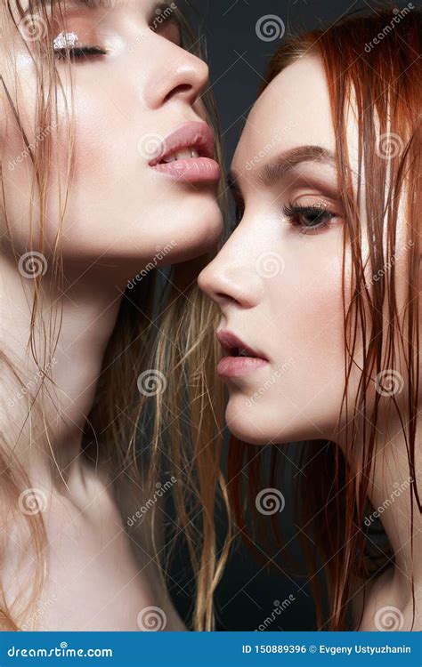 Two Beautiful Girls Are Kissing Sensua Couple Stock Photo Image Of