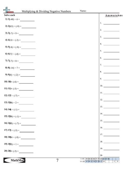 Multiplying & dividing negative numbers worksheet printable pdf download