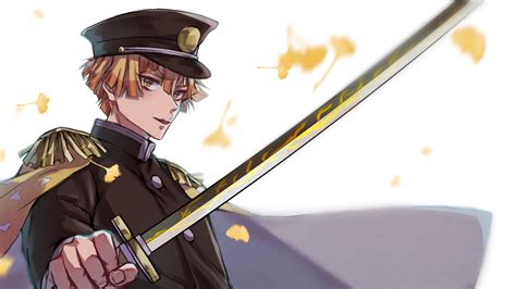 Demon Slayer Zenitsu Agatsuma Wearing Uniform Hat With A Long Sword