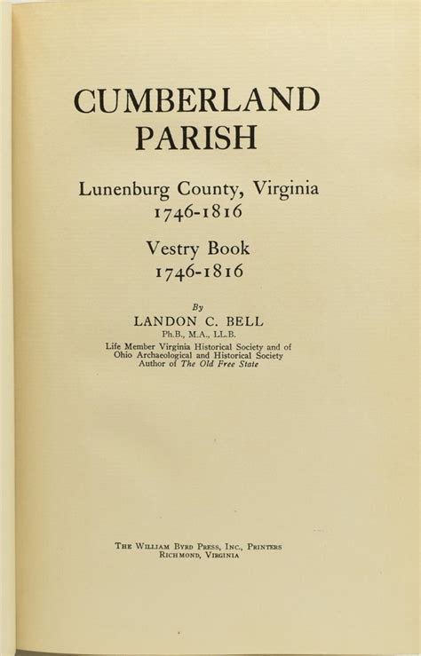 Cumberland Parish Lunenburg County Virginia 1746 1816 Vestry Book