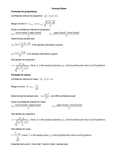 Final Formula Sheet Formula Sheet Formulas For Proportions