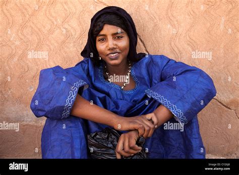 Portrait Of A Young Tuareg Woman Wearing A Blue Dress Ingal Niger