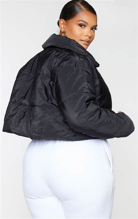 Plus Black Puffer Cropped Jacket Plus Size Prettylittlething Ca