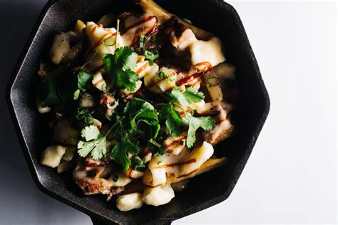 (canada) a dish consisting of french fries topped with cheese curds and gravy, eaten primarily in canada. peking duck poutine i am a food blog