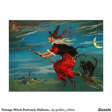 Vintage Witch Postcard Halloween Black Cat Postcard