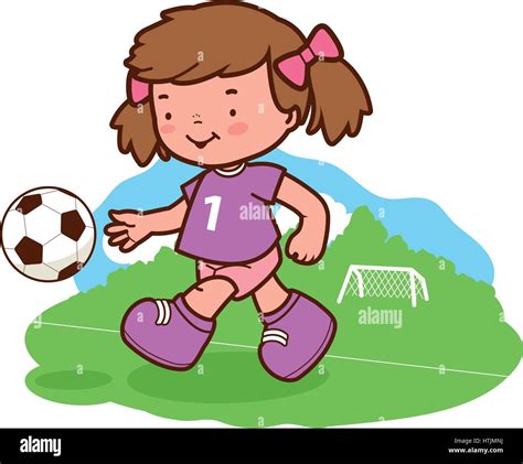 Little Girl Soccer Player Kicking A Ball On The Playing Field Vector