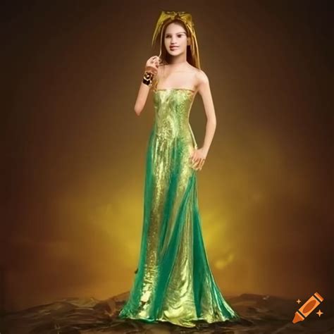 Woman In A Green Gold Dress In A Fantasy World On Craiyon