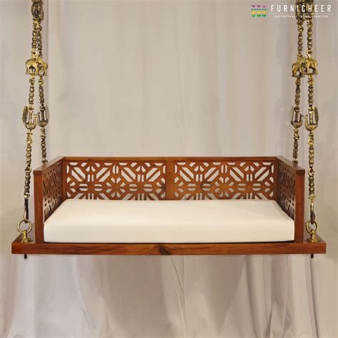 Solid Wood Handcrafted Indian Traditional Swing With Carved Back And