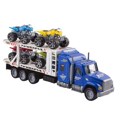 Friction Powered Toy Semi Truck Trailer With Four Formula Race Cars