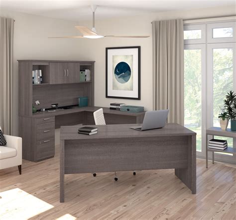 Modern Premium U Shaped Desk With Hutch In Bark Gray