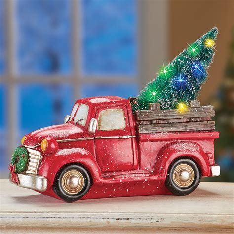 Lighted Led Red Pick Up Truck With Christmas Tree Tabletop Decoration