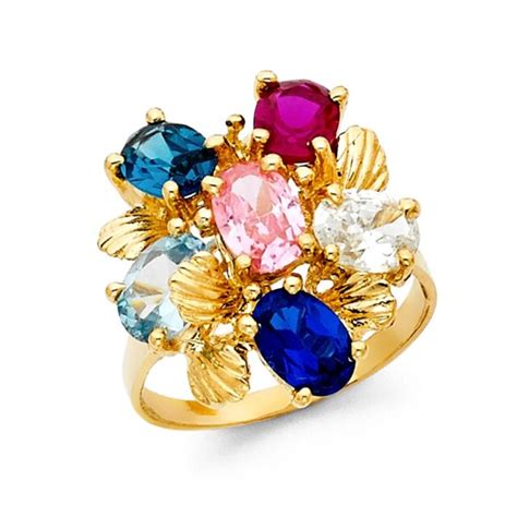 Cz Multi Color Cocktail Ring Solid 14k Yellow Gold Fashion Band