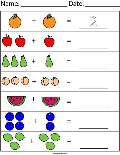 Add The Fruit Math Worksheet Twisty Noodle Preschool Math