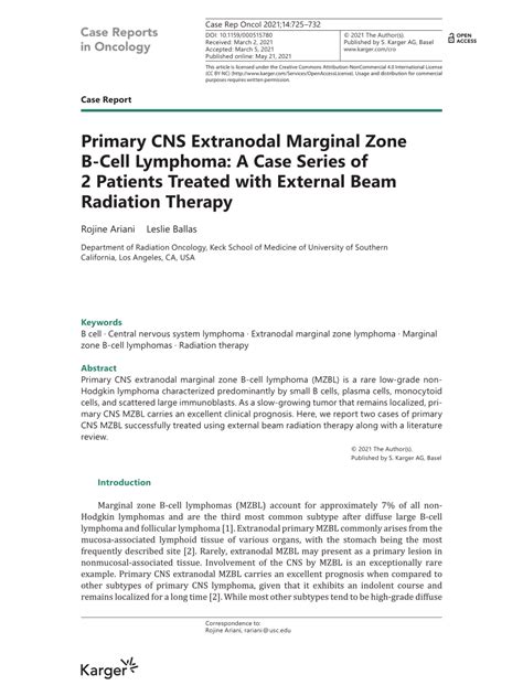 Pdf Primary Cns Extranodal Marginal Zone B Cell Lymphoma A Case