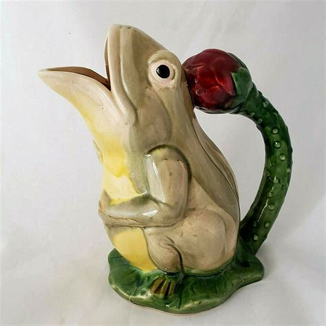 Vintage Frog On Lily Pad Pitcher Vase Majolica Style Majolica