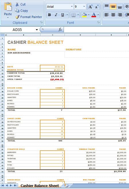 Sample Ms Excel Cashier Balance Sheet Template Formal Word Templates