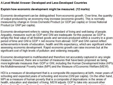 A Level Economics Model Essay Developing Countries Measures Of Living Standards Economic