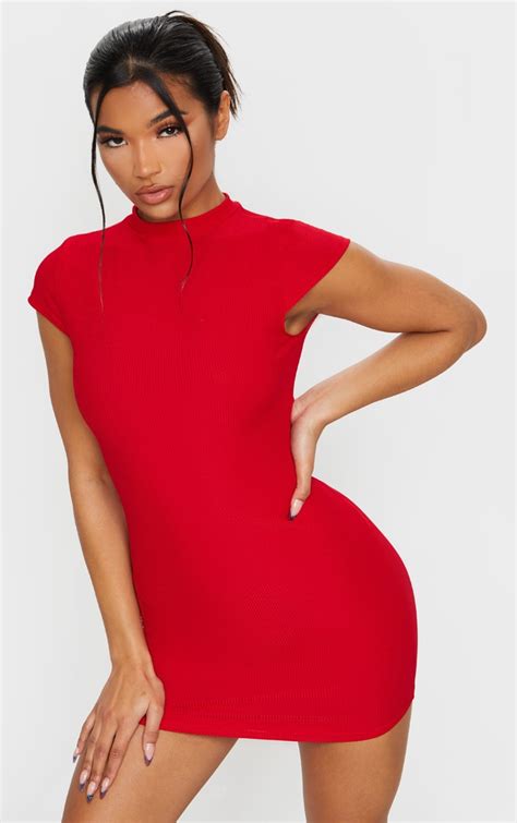 Red High Neck Ribbed Bodycon Dress Dresses Prettylittlething Ksa