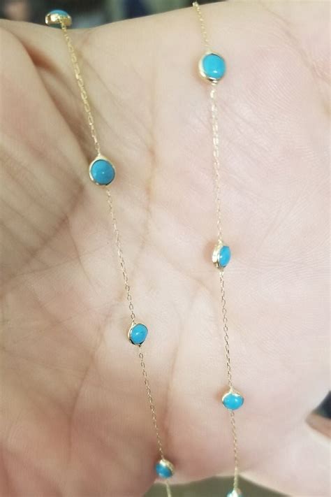 Turquoise Necklace 14K Solid Yellow Gold Turquoise Station Necklace