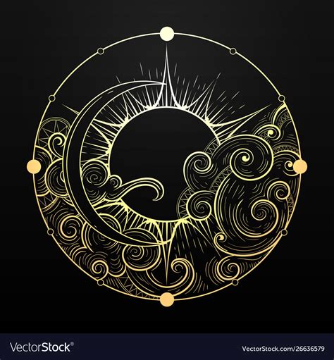 Hand drawn golden sun and moon with cloud Vector Image