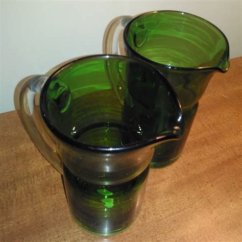 Vintage Hand Blown Cys Excel China Green Glass Pitcher Set Of Two Etsy