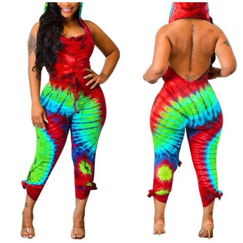 tie dye jumpsuit leg ties backless w hood sexy jumpsuits bodycon jumpsuit rompers women