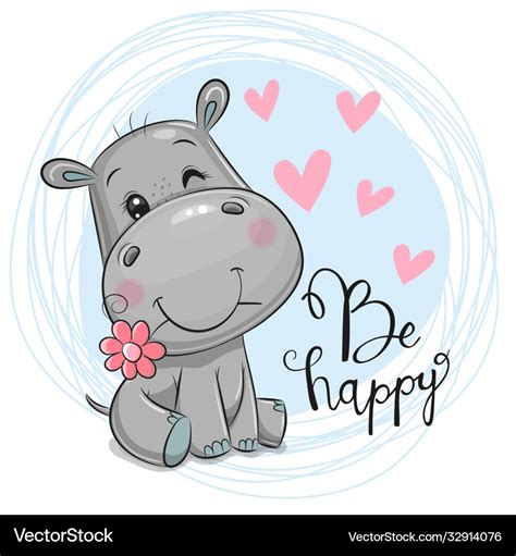 Cute Cartoon Hippo With Flower On A Blue Vector Image