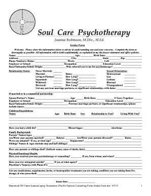 psychotherapy intake form fillable printable templates