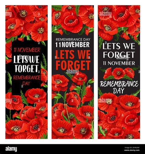 Red Poppy Flower Banner Set For Remembrance Day Design Lest We Forget