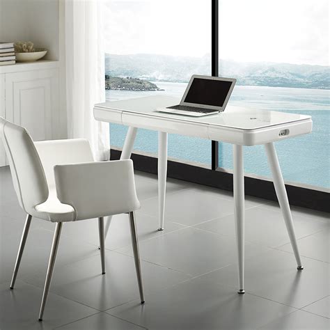 Arianna Office Desk High Gloss White Lacquer Smart White Glass Top