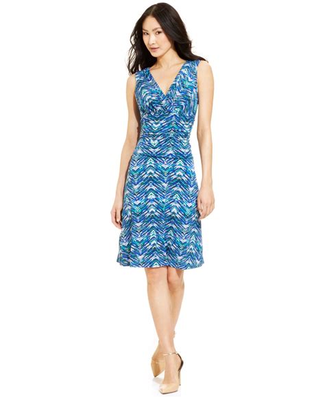 Nine West Ikat Print Ruched Dress In Blue Lyst