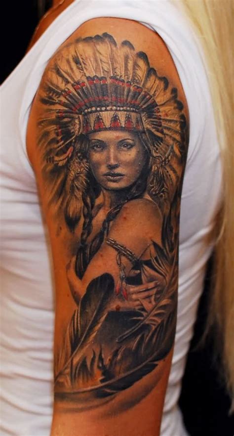 Attractive Indian Chief Female Tattoo On Left Half Sleeve Skin