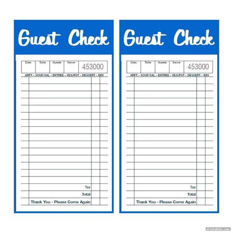 Restaurant Guest Check Template Printable