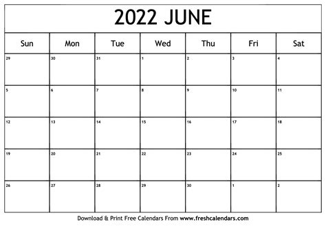 Blank Printable June 2022 Calendars