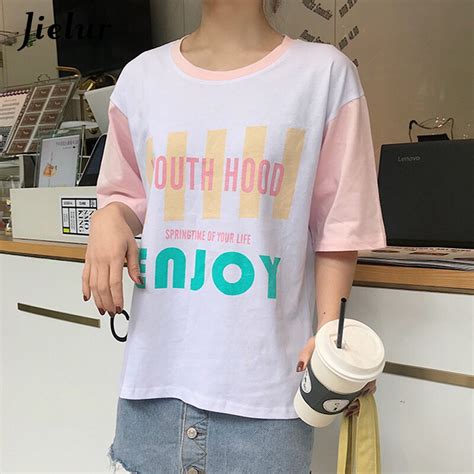 Jielur Hit Color Tshirt Femme Summer Letters Printed Woman Tshirt Top Harajuku Korean Loose