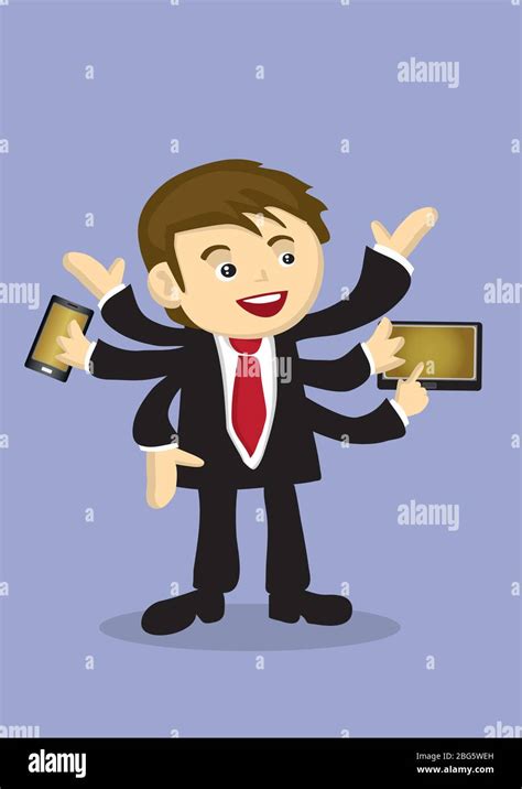 Vector Illustration Of A Busy Businessman With Six Arms Multitasking