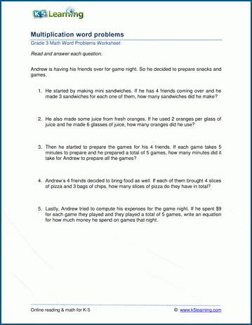 The word problems in the lesson also involve addition and subtraction so that students need to think, and not apply the operation at hand this is a complete lesson for third grade with teaching & word problems with the aim of teaching children some basics about multiplication word problems. Grade 3 Multiplication Word Problem Worksheets | K5 Learning