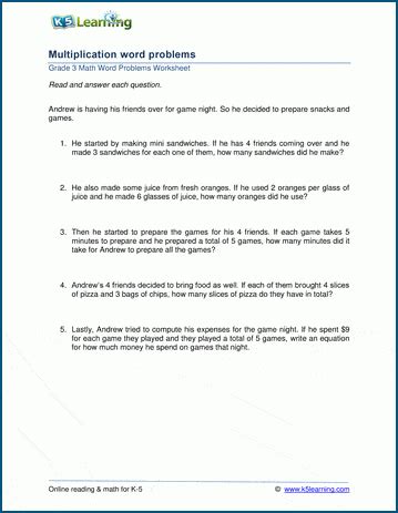 Multiplication and division word problems examples: Grade 3 Multiplication Word Problem Worksheets | K5 Learning