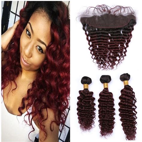 2020 1b 99j Burgundy Ombre Brazilian Deep Wave Human Hair Bundles With Frontal Closure Wine Red