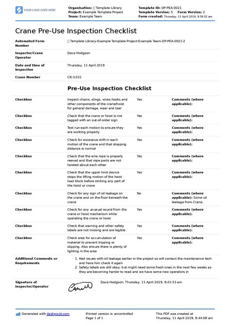 Crane Pre-Use Inspection Checklist (For overhead cranes ...