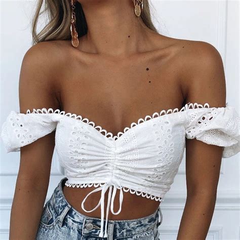 Sexy White Embroidery Hollow Off Shoulder Bowknot Lace Up Crop Top N21018